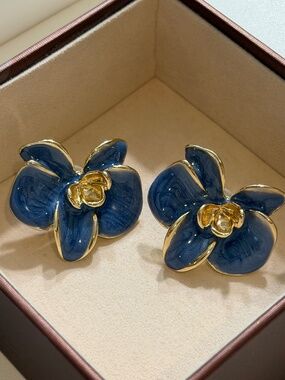 Vintage Golden Blue Enamel Butterfly Orchid Flower Statement Earrings.